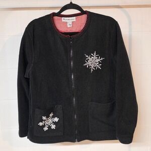 Stylemakers Women Black Fleece‎ Snowflake Zip Up Jacket Size S Neutral Winter